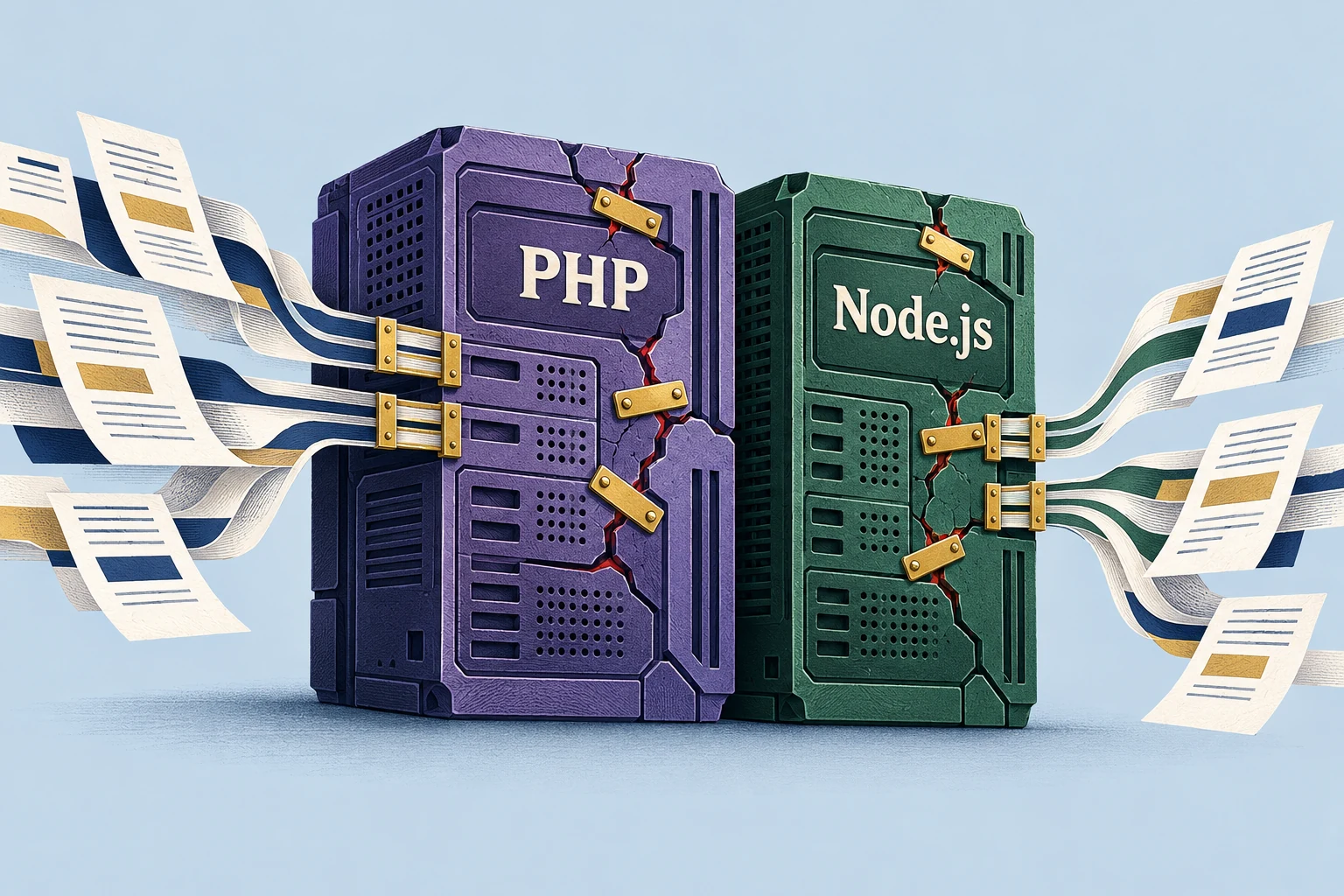 PHP e Node.js: corrigir o software que sustenta os serviços digitais. Ilustração conceptual.