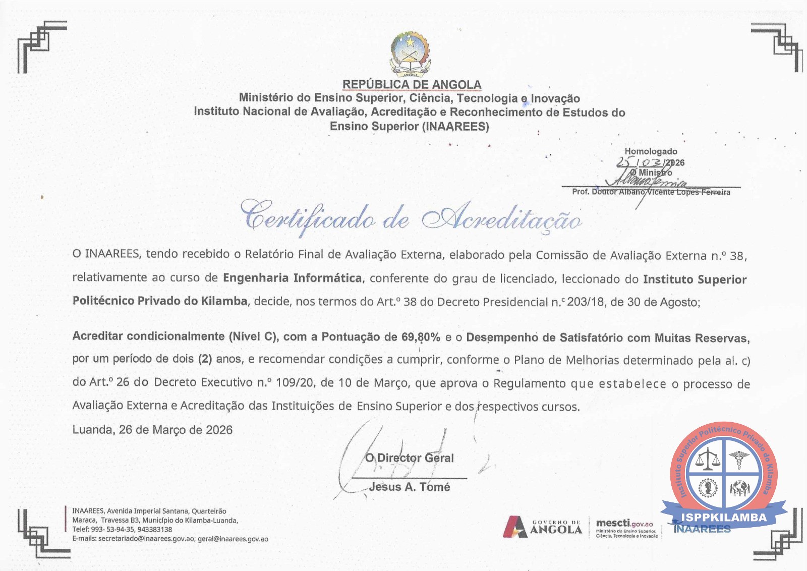 Certificados de Creditação pelo INAAREES