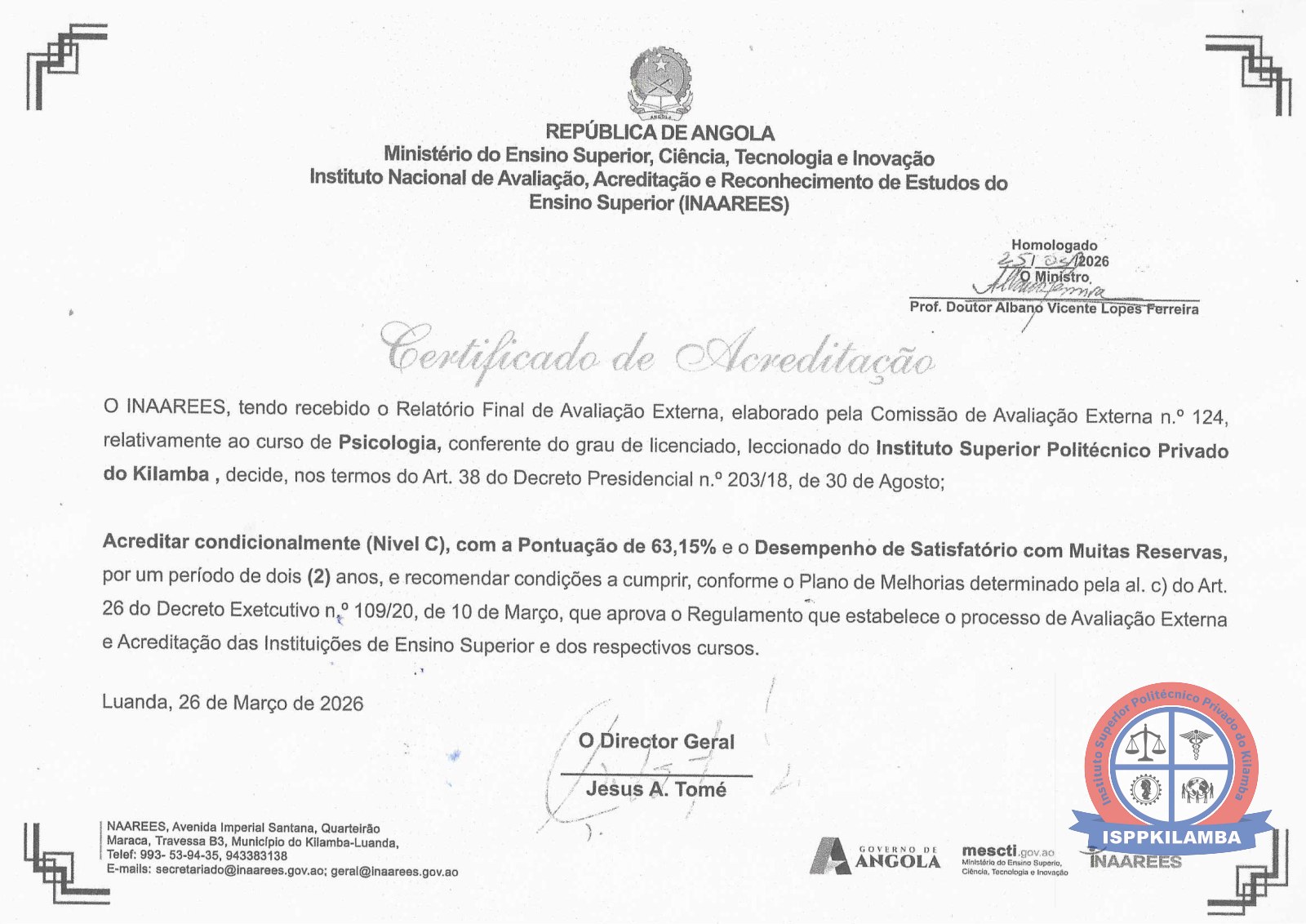 Certificados de Creditação pelo INAAREES